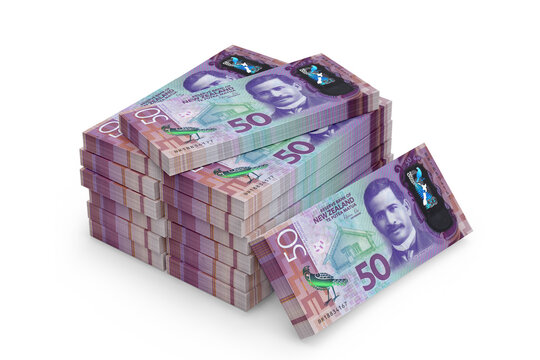 Stack of New Zealand Fifty Dollars Banknotes on a white background