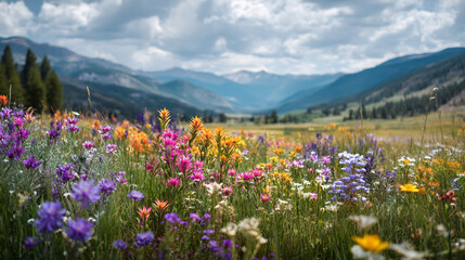 Obraz premium Stunning Mountain Landscape with a Meadow of Vibrant Wildflowers under a Cloudy Sky in Summer