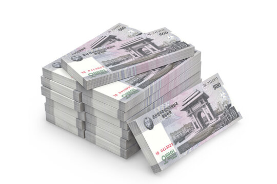 Stack of North Korean Five Hundred won Banknotes on a white background