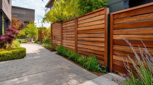 A modern home exterior featuring a wooden fence alongside a brick pathway and lush greenery. Sunlight illuminates the outdoor space