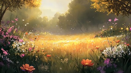 A vibrant meadow with flowers that softly glow in a golden hue 