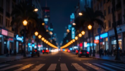 City Street at Night with Glowing Streetlights and Bokeh Effects
