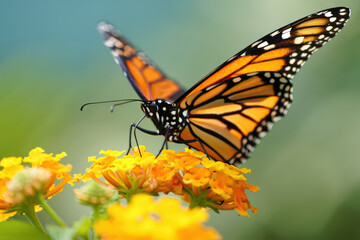 Obraz premium A Striking Monarch Butterfly Sipping Nectar from Bright Yellow Lantana Flowers, Showcasing the Vivid Colors and Delicate Balance of a Thriving Ecosystem