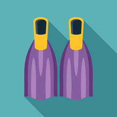 Purple swimming fins with yellow foot pockets casting a long shadow on a blue background © anatolir