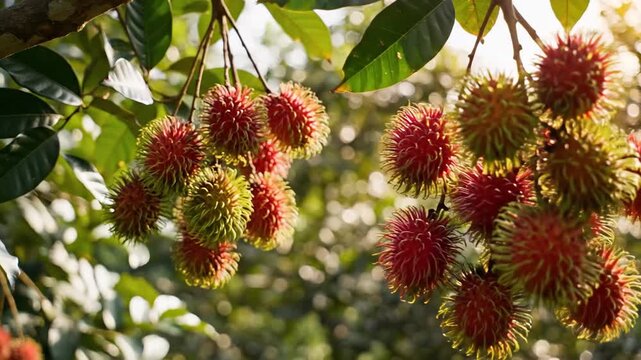 Fresh Rambutan Fruits Growing on a Tree Branch in Tropical Sunlight.