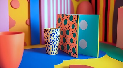 A vibrant pop-art book, a fun muffaral, and a playful ceramic cup 