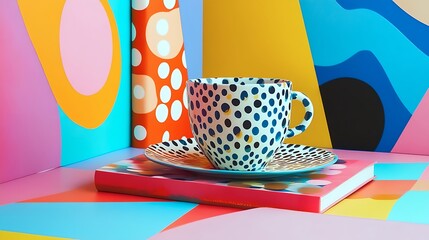 A vibrant pop-art book, a fun muffaral, and a playful ceramic cup 
