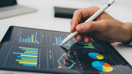 A person analyzes data on a digital tablet with Page pointing to a colorful Page chart