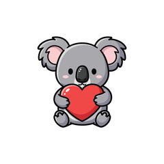 Naklejka premium Cute cartoon koala holding red heart with love and affection