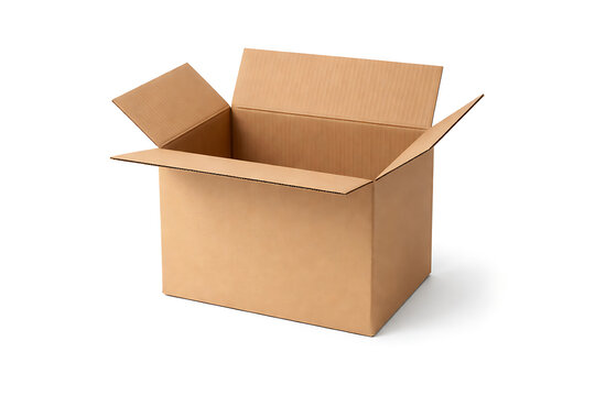 Empty brown cardboard delivery box, open top, isolated on pure white background