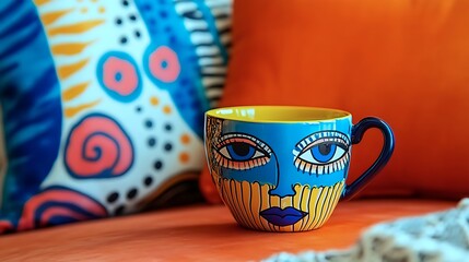 A vibrant pop-art book, a fun muffaral, and a playful ceramic cup 