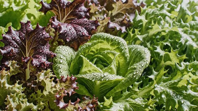 Close up of fresh green and red lettuce varieties in a garden.