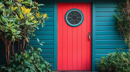 A vibrant red front door with a circular porthole-style window in the upper half 