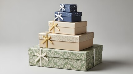 A neatly stacked pyramid of gift boxes in various sizes and patterns on a plain background.