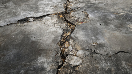 Fototapeta premium Detailed View of a Deep Fissure in Cracked Concrete Pavement Representing Urban Decay and Damage