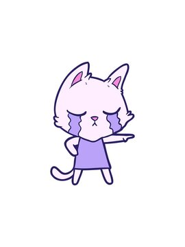 popping motion animation of crying cartoon cat in dress pointing