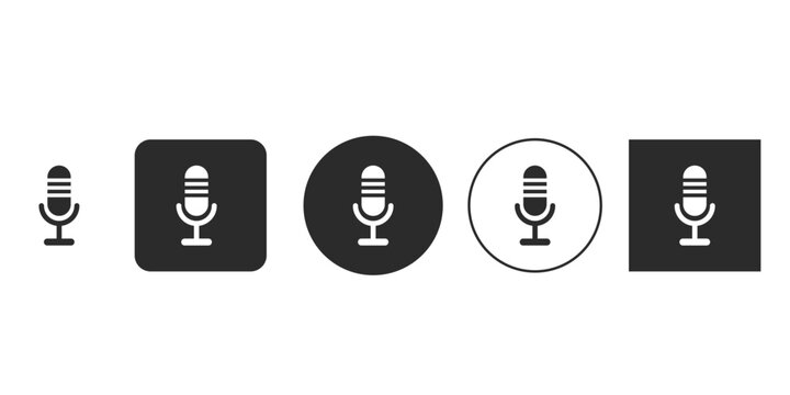 Flat design microphone icon set for web interface | Black and white record button vector illustration | Voice input symbol glyphs for app UI design | Simple monochrome podcast or audio streaming logo
