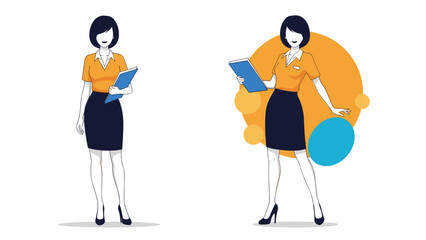 Fototapeta premium Set of two illustrations showing a professional businesswoman in an orange shirt and black skirt holding a clipboard, with and without an abstract background.
