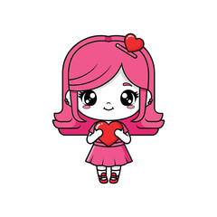 Fototapeta premium Cute cartoon girl with pink hair and dress smiling sweetly