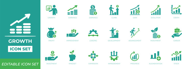 Business growth icon set for startup success, financial progress, evolution, performance, target, revenue increase, scalability, data charts, and marketing strategy vector.
