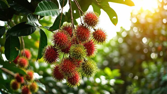 Fresh Rambutan Fruits Hanging on a Tree Branch in Sunlight.