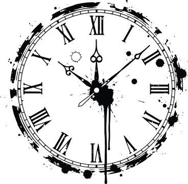 Vintage roman numeral clock face with distressed grunge texture background