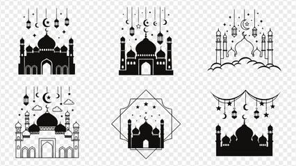 Ramadan mosque icons with lanterns and crescent moon