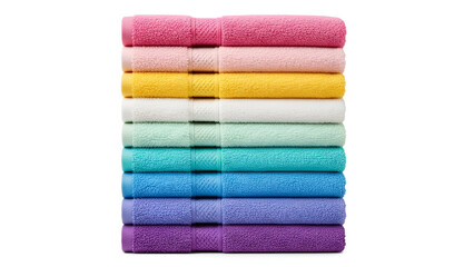 Stack of colorful folded cotton towels in pink yellow and blue isolated on white background for home bathroom decor