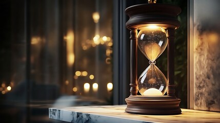 A vintage hourglass with dark wood accents, placed on a marble shelf with soft lighting 