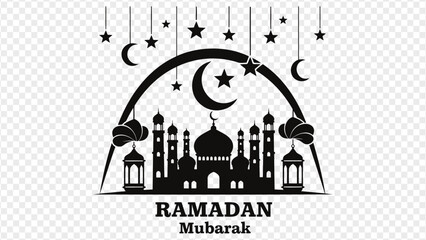 Ramadan Mubarak mosque silhouette with crescent moon and stars