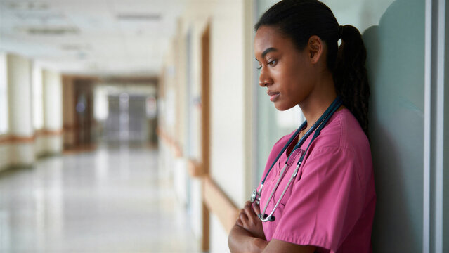 Exhausted nurse leaning against hospital corridor wall showing emotional burnout physical fatigue after long shifts, modern healthcare environment highlighting workforce stress, mental health strain