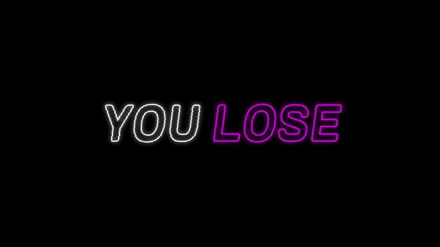 You Lose Glitch Text Animation for Gaming. Modern Digital Distortion Message for Esports and Game Over Screens