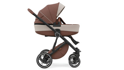 Modern brown baby stroller or pram isolated on white background for infant transport and parenting