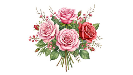 Beautiful bouquet of pink and red roses with green leaves for wedding anniversary or romantic gift