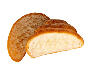 Top view of two halves of brown or golden croissant in stack isolated on white background with...
