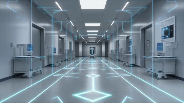 Futuristic Hospital Autonomous Robots: White Delivery Bots Blue Neon Corridor