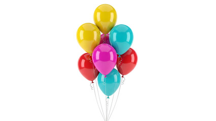 Group of colorful balloons in yellow blue and magenta floating isolated on white background for birthday celebration