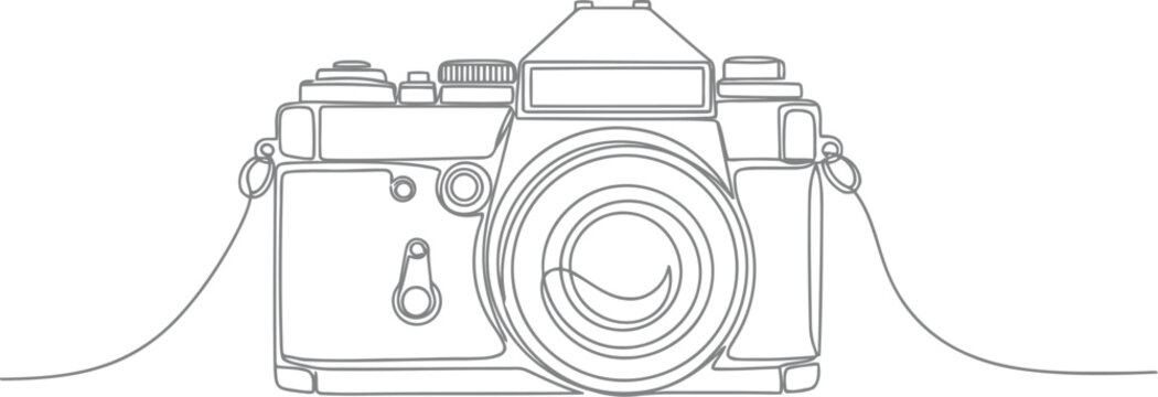 Simple line drawing of a vintage camera with a strap on white background