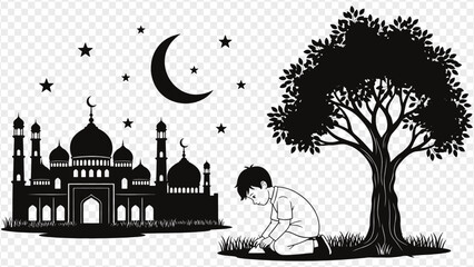 boy praying near mosque and tree at night