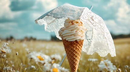 A vintage ice cream cone with a lace umbrella in a quaint countryside setting 
