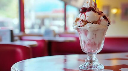 A vintage ice cream sundae served on a retro diner table 