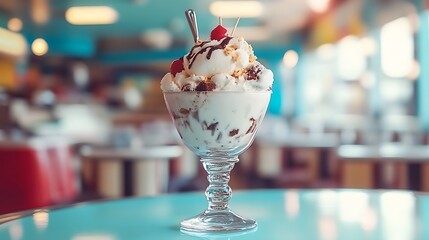 A vintage ice cream sundae served on a retro diner table 