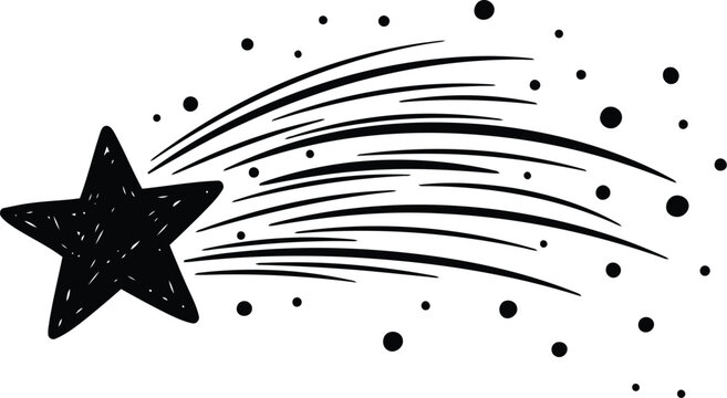 Hand drawn black star with a fiery trail and dots on white background
