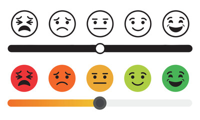 Customer Satisfaction Feedback Scale with Emoji Icons and Sliders. User Experience Rating System. Happy, Sad, Neutral Faces Vector.