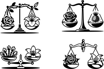 Four Balance Scales with Flowers and Plants