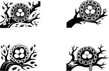 black and white eggs in nest on a branch set