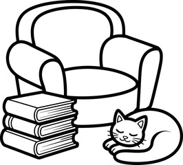 Sleeping Cat Near Stack of Books and Armchair