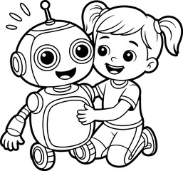 Happy Girl Hugging Friendly Robot