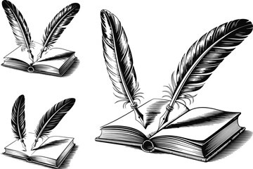 Vintage Quill Pens on Open Books Illustration