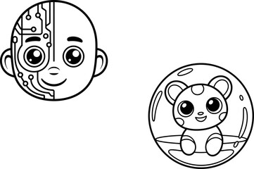 Cute Cartoon Baby Robot and Mouse Friends